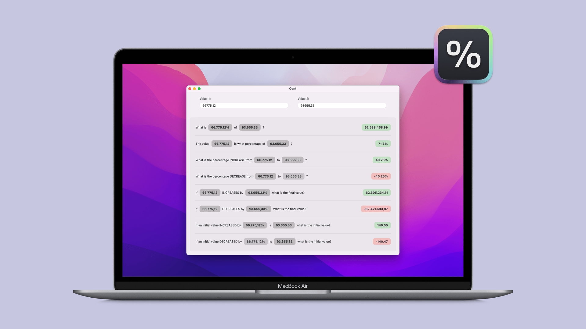 Cent is a free utility to calculate percentages on your Mac