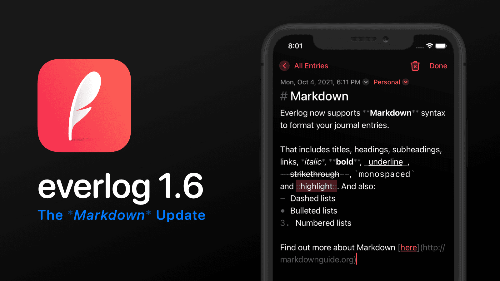 Everlog Journal adds Markdown support