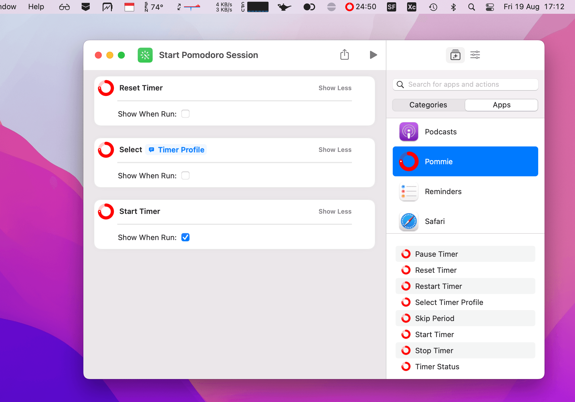 Pommie for Mac v4.0: Shortcuts actions for controlling the timer